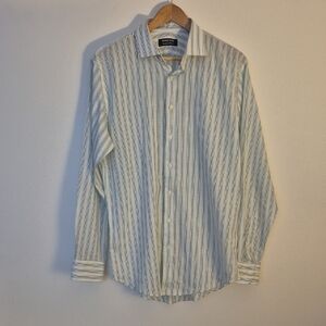 Nordstrom White/Blue/Green Striped Dress Shirt Linen Blend Non Iron Size 16